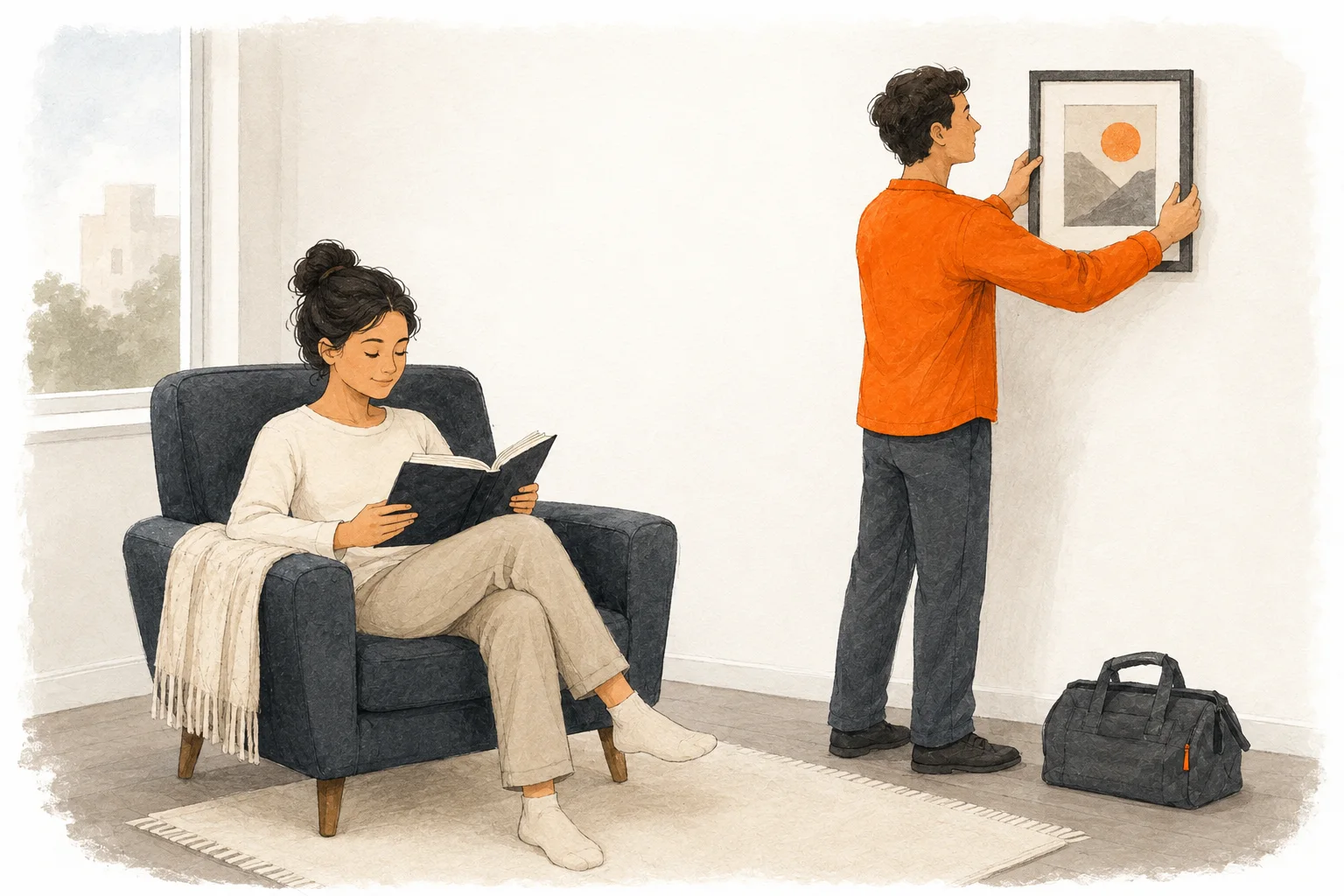 Illustration: Eine Person liest im Sessel, während ein Helfer ein Bild an der Wand ausrichtet.