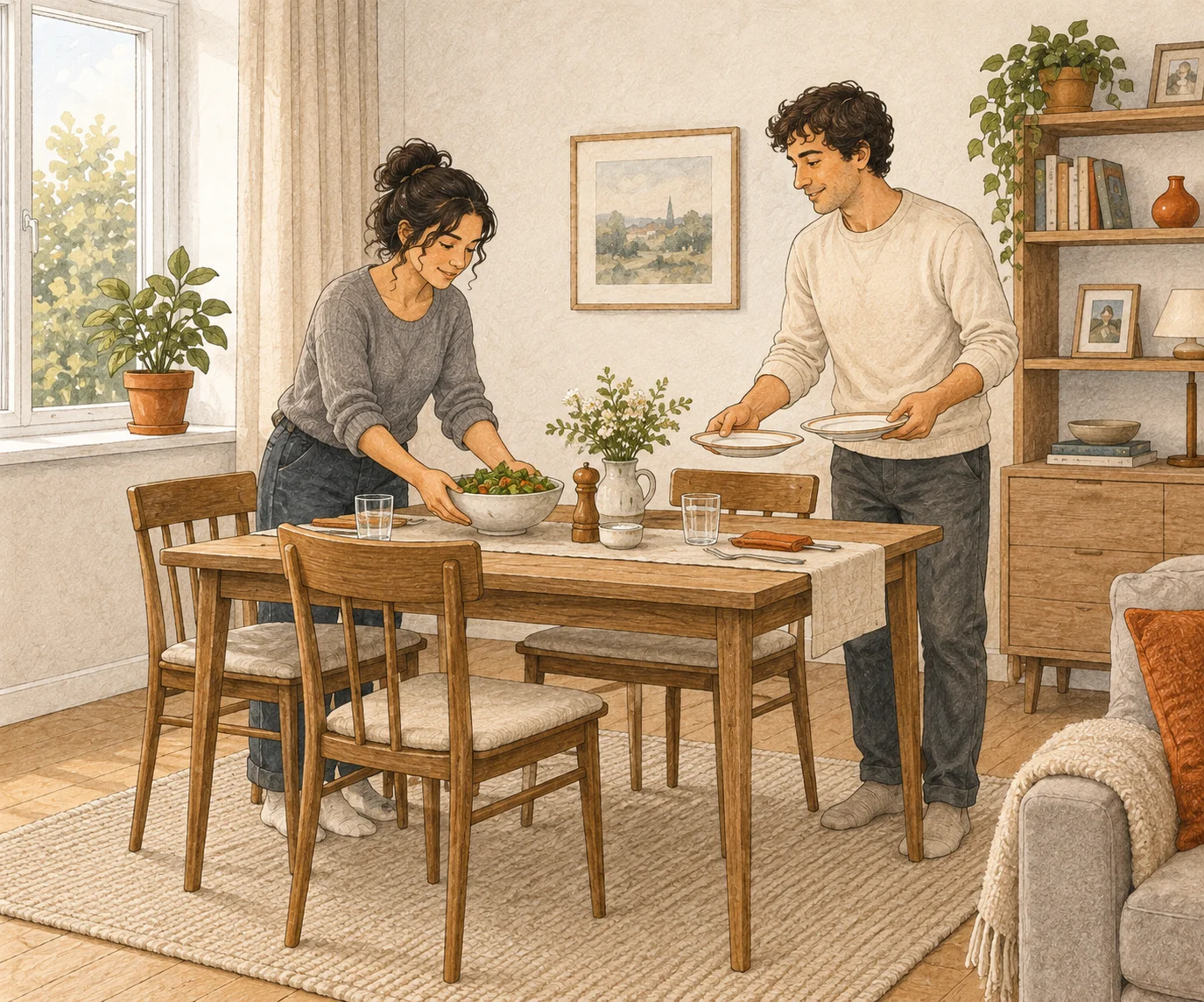 Illustration: Zwei Personen decken den Tisch in einem eingerichteten Zimmer mit Vorhängen, Büchern und persönlichen Dingen.