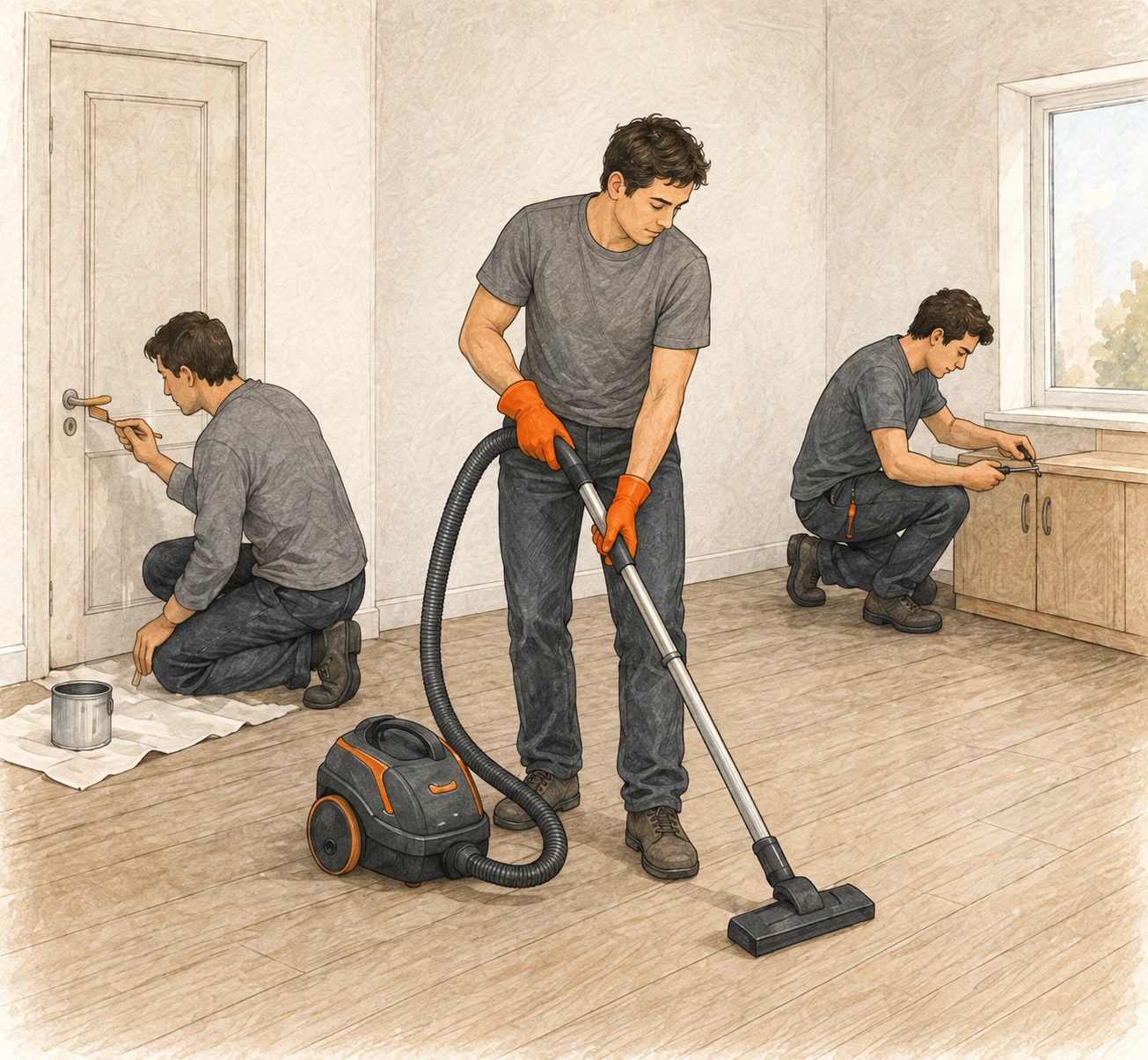 Illustration: Drei Männer bereiten eine Wohnung vor, bessern eine Tür aus, befestigen einen Möbelgriff und saugen den Boden.