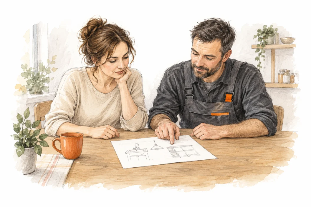 Illustration: Eine Kundin und ein Handwerker besprechen gemeinsam ein Blatt mit Skizzen für Aufgaben im Haushalt.