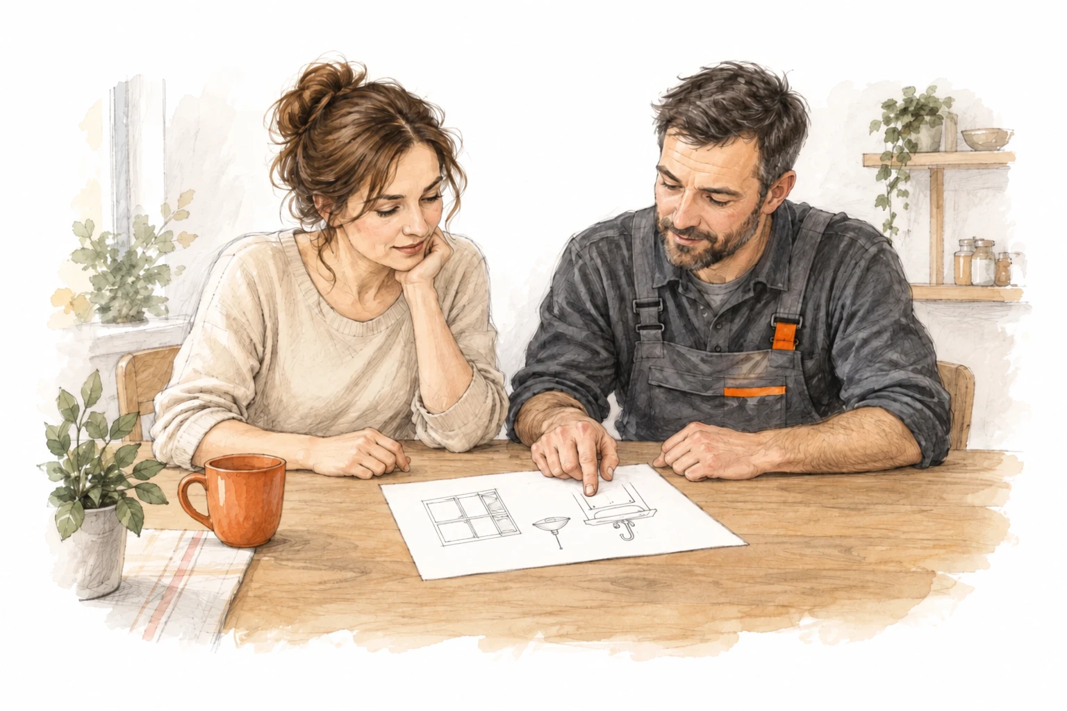 Illustration: a customer and a worker discuss one sheet with sketches of household tasks.